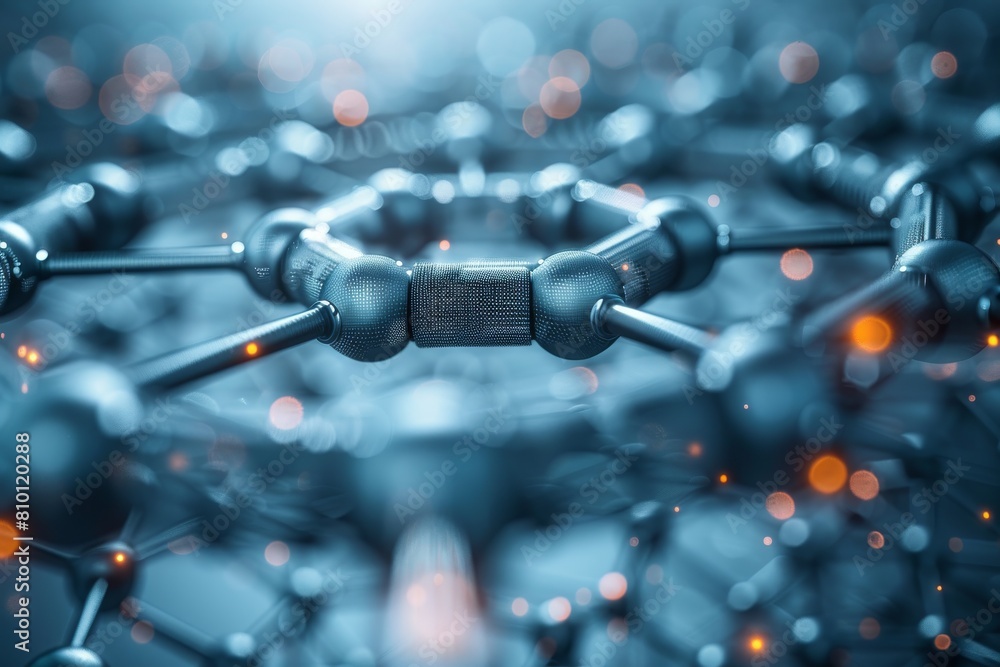 Poster a close-up image showcasing 3d rendering of a high-tech molecular metallic structure in a cool blue 