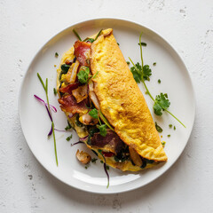 omelette stuffed with vegetables and bacon on white plate isolated on white background, top view