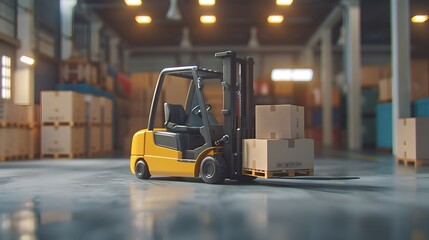 Yellow forklift in a warehouse, industry logistics concept. Cardboard boxes on pallet. Industrial environment, transport and shipping scene. Perfect for business and trade articles. AI