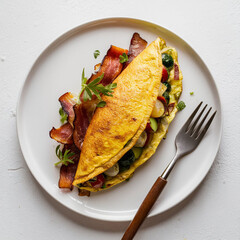 omelette stuffed with vegetables and bacon on white plate isolated on white background, top view