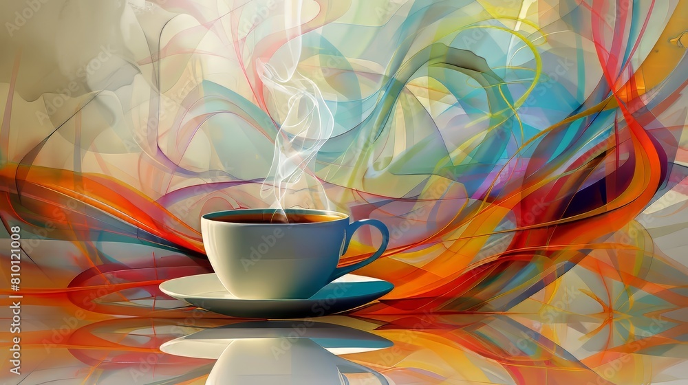 Poster colorful abstract composition with dynamic lines and shapes complementing a steaming cup of coffee