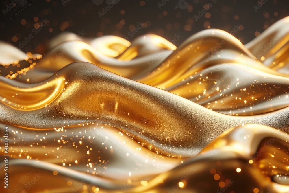 Poster abstract image of waves in golden silky fabric with sparkling particles representing luxury