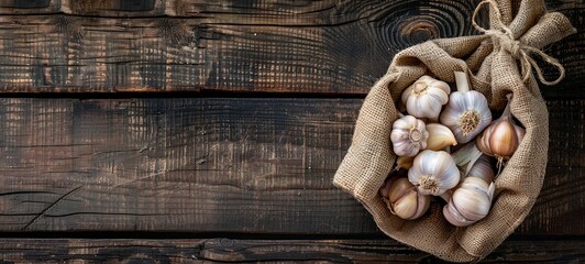 Garlic in a bag made of old fabric. Fresh garlic on a wooden background. View from above. place for text. 