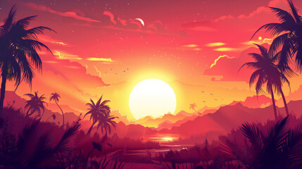 Sunset landscape with lake, clouds on red sky, silhouettes on hills and trees on coast