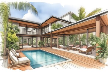 Fototapeta premium Modern, sleek home in Far North Queensland with lush tropical garden. Open spaces, clean lines, natural light, and sustainable design.