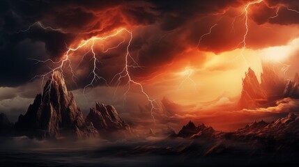 Dramatic Thunderstorm Over Volcanic Mountains with Lightning Strikes Illuminating the Sky
