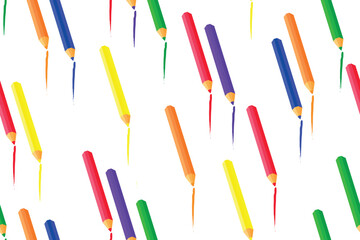 Seamless pattern with colored pencils and their strokes on white background. Colored pencils. Vector illustration 