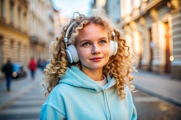 Fototapeta premium Music lover. A young beautiful curly-haired woman listens to music with headphones on the evening street of the city at sunset. Peace, harmony, relaxation and relaxation.