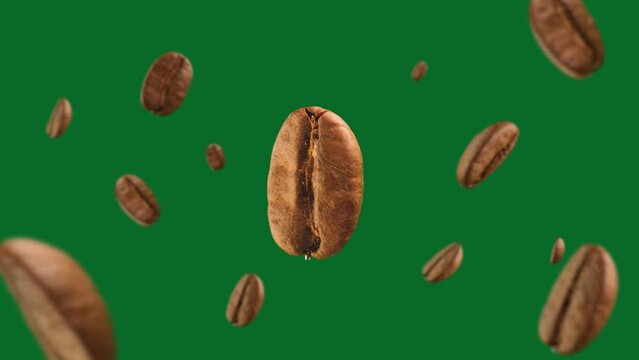 coffee beans explosion slow motion cycle in chromakey greenscreen 360 degrees, 3d