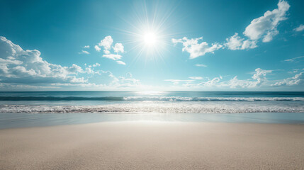 Sunny beach with gentle waves and bright blue sky, peaceful tropical landscape