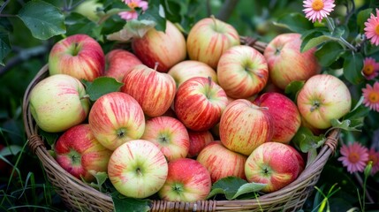Basket of fresh apples in a garden setting, ideal for food and agriculture themes.
