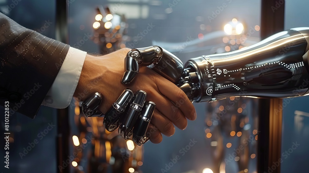 Poster businessperson engaging in a handshake with a digital partner against a futuristic background, symbo