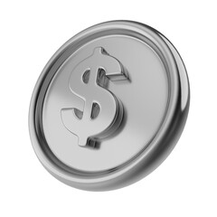 USD. United states dollar on silver coin isolated on a transparent background. 3d render. Silver dollar icon.  