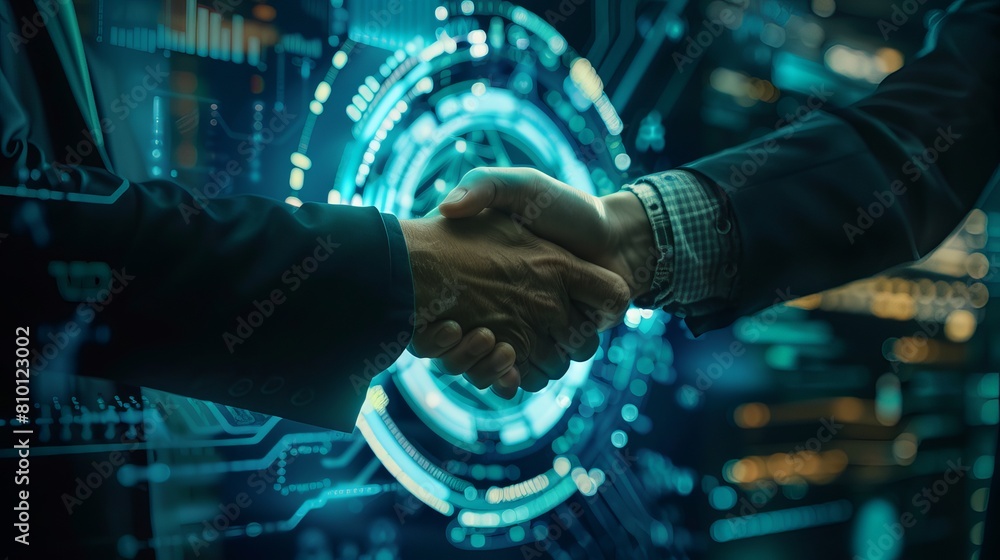 Poster businessperson engaging in a handshake with a digital partner against a futuristic background, symbo
