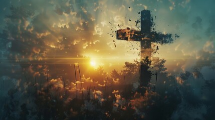Double exposure of a cross and a sunrise symbolizing resurrection and new beginnings