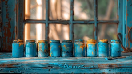 The photo shows different cans and barrels of paints that have been standing for a long time
