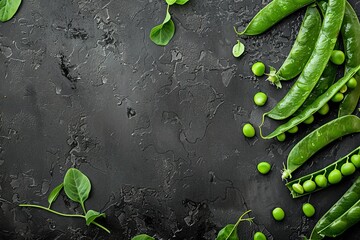 Green young peas on a dark stone background. View from above. place for text. 
