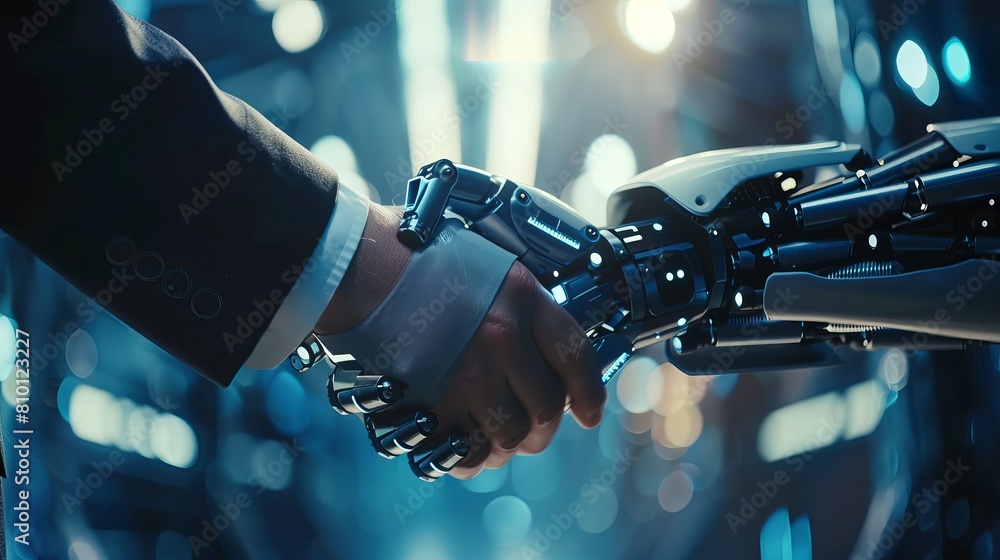 Poster businessperson engaging in a handshake with a digital partner against a futuristic background, symbo