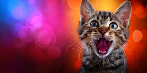 Retro pop art collage design featuring a surprised kitten with an open mouth. Concept Pop Art,...