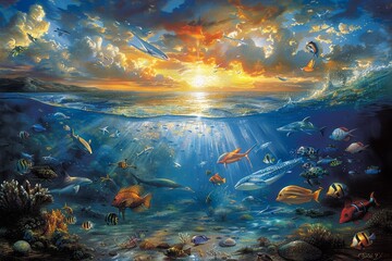 Underwater Painting of an Ocean Scene With Fish