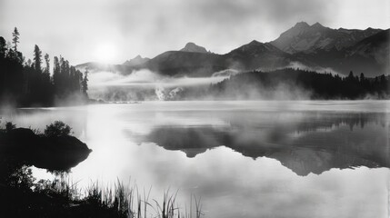 A black and white photo of a lake with mountains in the background