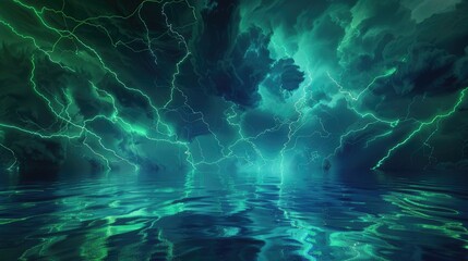 Abstract background Electric storm in the alien atmosphere with green and blue lightning streaking across the dark sky.