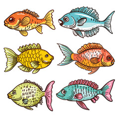Fototapeta premium Handdrawn colorful fish illustrations featuring six different species, fish has unique patterns colors ranging orange, blue, yellow green. Cartoon style sea creatures perfect educational materials