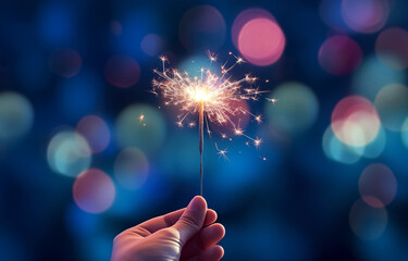 hand holding sparkler light burning on bokeh background