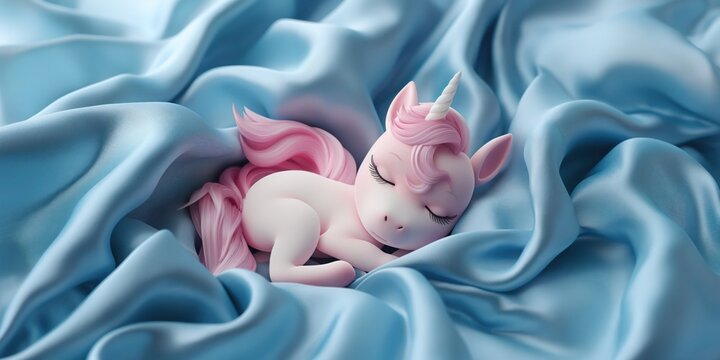 Adorable baby pink unicorn sleeping peacefully on the blue silk blanket
