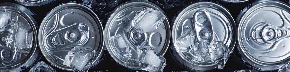 Group of aluminium cans in ice, cold drink. Top view. 
