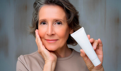 Retrato primer plano de una mujer mayor, jubilada, con un tubo de crema blanco en una mano y la otra en la cara, piel arrugada y caucásica, ojos oscuros. 2024