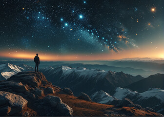Standing alone on the mountaintop, gazing at the starry universe