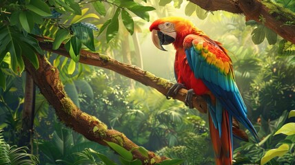 Obraz premium Colorful Parrot Perched on a Branch of a Tropical Tree