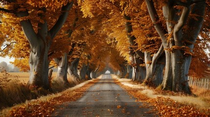A country road running between an avenue of large trees covered in golden autumn leaves
