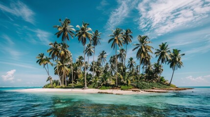   A tiny isle enveloped by palm trees, nestled amidst a blue body of water, underlined by a clear blue sky