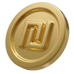 ILS. Israeli new shekel sign on golden coin isolated on a transparent background. 3d render. Golden shekel icon.