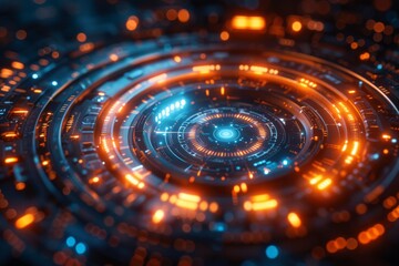 Futuristic Digital Spiral Interface in Orange and Blue Highlighting Advanced Tech.