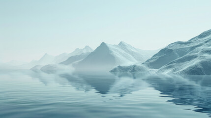A mountain range is reflected in the water