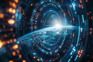 Obraz premium Digital Transformation Gateway. A Futuristic View of Earth Through Cybernetic Rings.