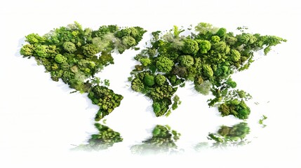 World map covered in trees and water, isolated on a white background. Concept for Earth Day and Environment Day.