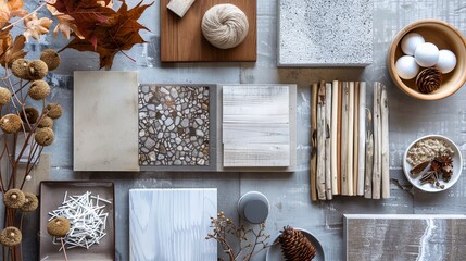 Flat lay arrangement featuring autumn-themed interior finishing objects in grey and warm tones.