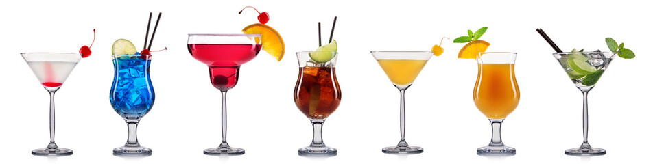 Set of cocktails with decoration from fruits isolated on white background