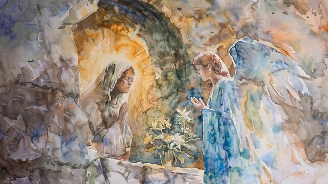 Majestic watercolor depiction of the angel appearing to Mary Magdalene at the empty tomb