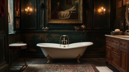 A dark and ornate gothic bathroom with a claw foot tub. Luxurious ambiance
