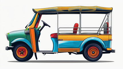 Illustration of a colorful tuk-tuk, a common three-wheeled taxi often used in Southeast Asia, with open sides and a canvas roof.