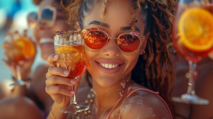 Happy multiracial friends cheering cocktail glasses together at beach party. Youth lifestyle and summertime vacations concept. 