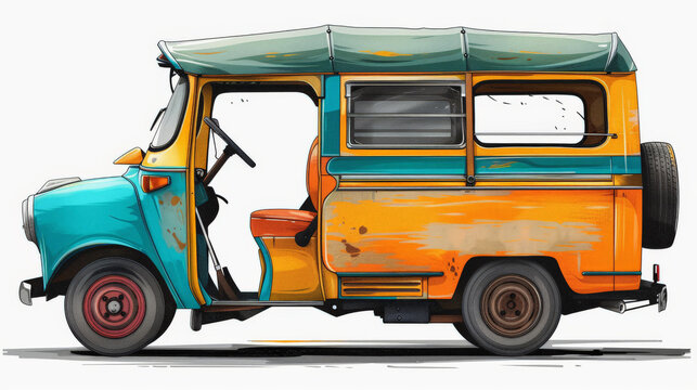 Illustration of a colorful, vintage three-wheeled auto-rickshaw, commonly used as an economical means of transportation in many parts of the world.