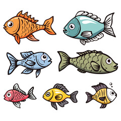 Naklejka premium Colorful cartoon fish collection, various species colors. Set six different cute fish characters, cartoon style, underwater creatures. Brightly illustrated aquatic animals, isolated white background