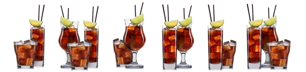 Set of cola cocktails with decoration from lime isolated on white background