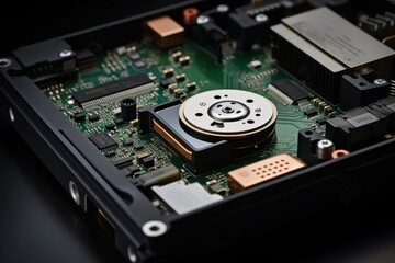 Close-up of a computer hard drive circuit board